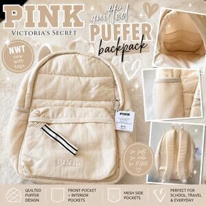 NWT PINK Victoria’s Secret Quilted Puffer Backpack White Shell Ivory